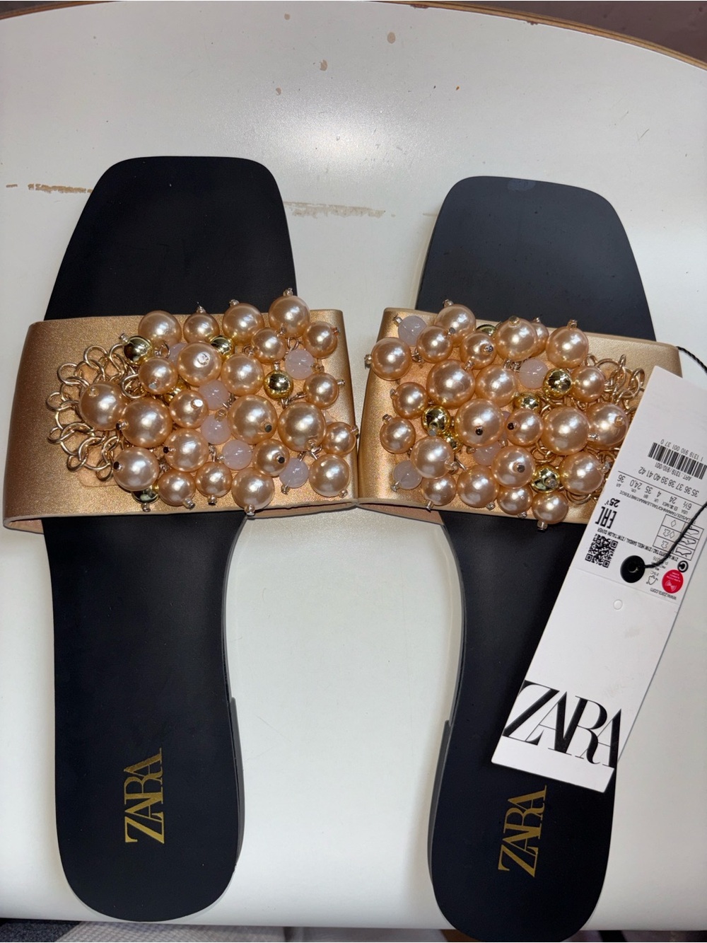 Zara Gold Pearl-Embellished Slide Sandals